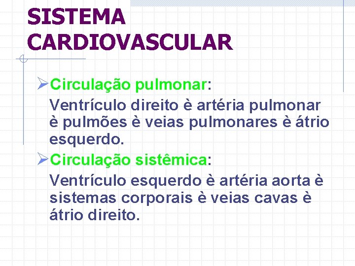 SISTEMA CARDIOVASCULAR ØCirculação pulmonar: Ventrículo direito è artéria pulmonar è pulmões è veias pulmonares