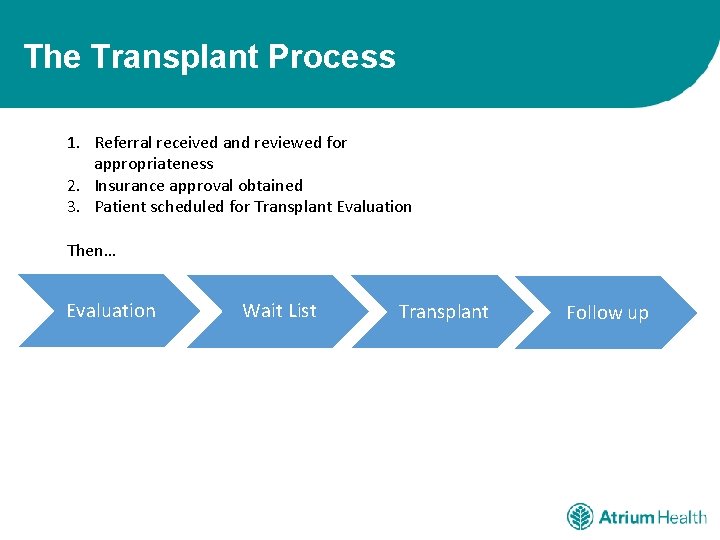 The Transplant Process 1. Referral received and reviewed for appropriateness 2. Insurance approval obtained