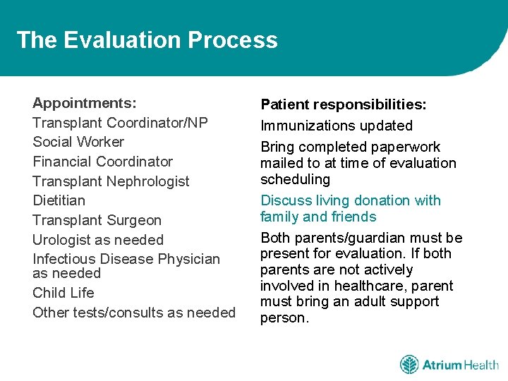 The Evaluation Process Appointments: Transplant Coordinator/NP Social Worker Financial Coordinator Transplant Nephrologist Dietitian Transplant