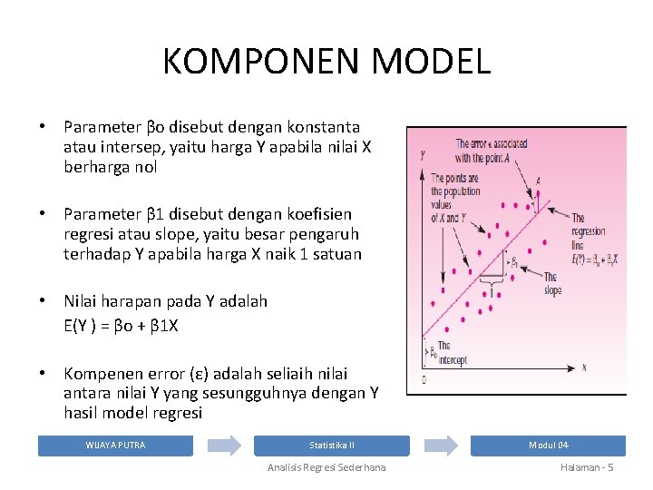 KOMPONEN MODEL • Parameter βo disebut dengan konstanta atau intersep, yaitu harga Y apabila