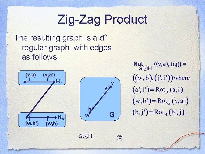 Zig-Zag Product The resulting graph is a d 2 regular graph, with edges as