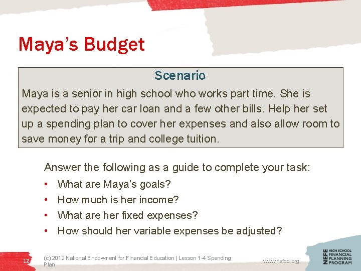 Maya’s Budget Scenario Maya is a senior in high school who works part time.