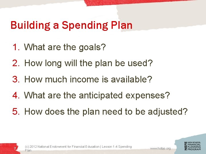 Building a Spending Plan 1. What are the goals? 2. How long will the