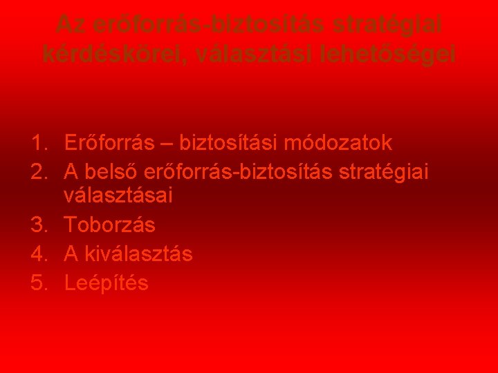 Az erőforrás-biztosítás stratégiai kérdéskörei, választási lehetőségei 1. Erőforrás – biztosítási módozatok 2. A belső