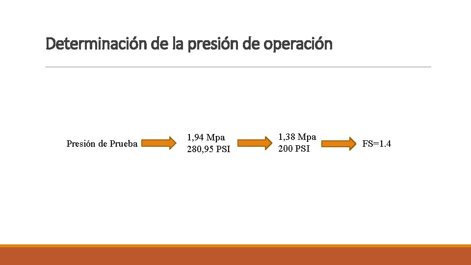 Determinación de la presión de operación Presión de Prueba 1, 94 Mpa 280, 95 Determinación de la presión de operación Presión de Prueba 1, 94 Mpa 280, 95