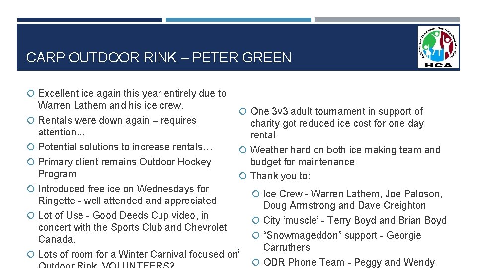 CARP OUTDOOR RINK – PETER GREEN Excellent ice again this year entirely due to