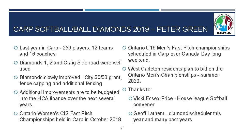 CARP SOFTBALL/BALL DIAMONDS 2019 – PETER GREEN Last year in Carp - 259 players,