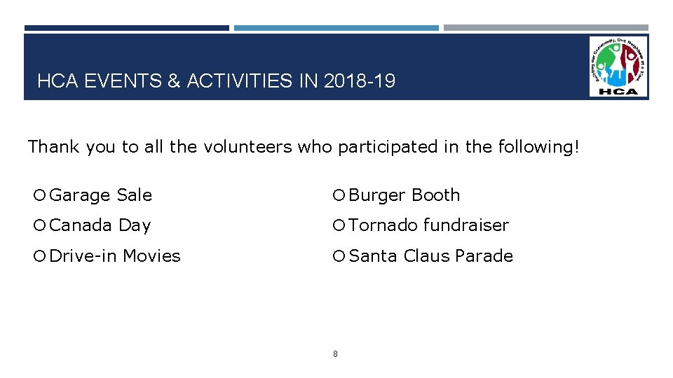 HCA EVENTS & ACTIVITIES IN 2018 -19 Thank you to all the volunteers who