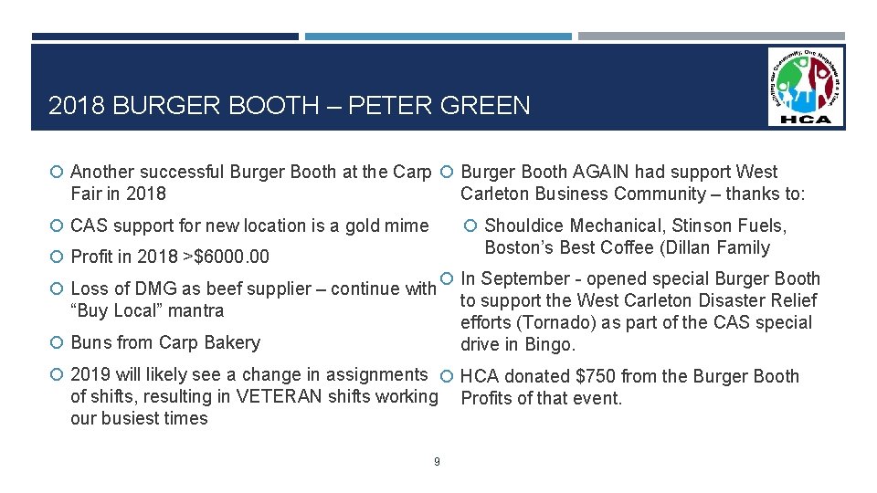 2018 BURGER BOOTH – PETER GREEN Another successful Burger Booth at the Carp Burger