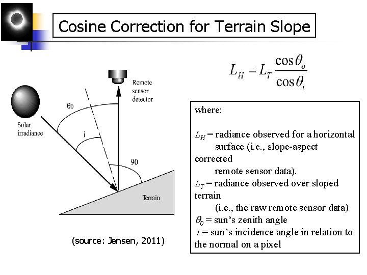 Cosine Correction for Terrain Slope where: (source: Jensen, 2011) LH = radiance observed for