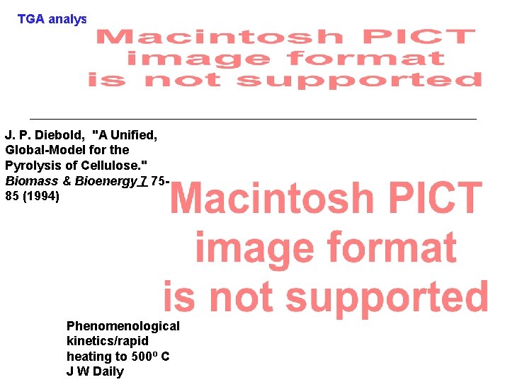 TGA analysis J. P. Diebold, "A Unified, Global-Model for the Pyrolysis of Cellulose. "