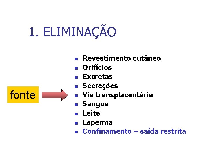 1. ELIMINAÇÃO n n n fonte n n n Revestimento cutâneo Orifícios Excretas Secreções