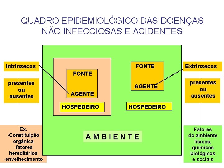 QUADRO EPIDEMIOLÓGICO DAS DOENÇAS NÃO INFECCIOSAS E ACIDENTES Intrínsecos FONTE Extrínsecos AGENTE presentes ou