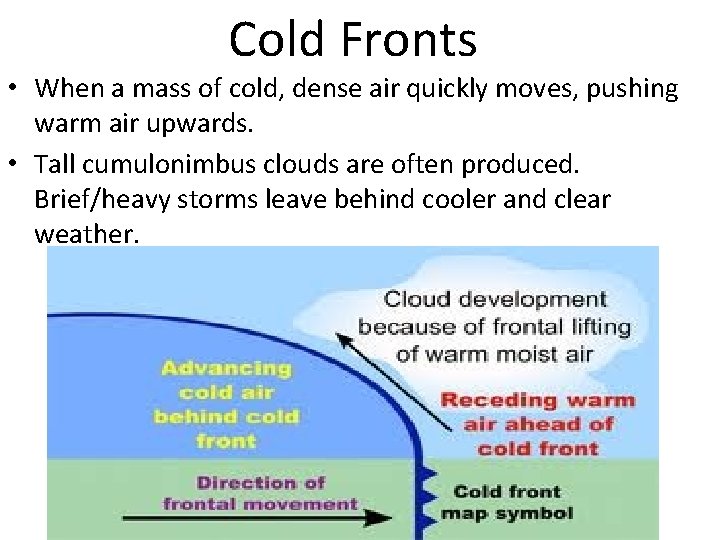 Cold Fronts • When a mass of cold, dense air quickly moves, pushing warm