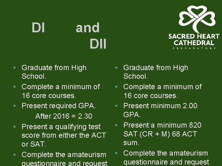 DI and DII • Graduate from High School. • Complete a minimum of 16
