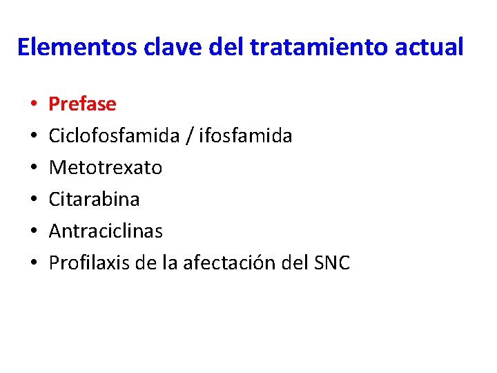 Elementos clave del tratamiento actual • • • Prefase Ciclofosfamida / ifosfamida Metotrexato Citarabina Elementos clave del tratamiento actual • • • Prefase Ciclofosfamida / ifosfamida Metotrexato Citarabina