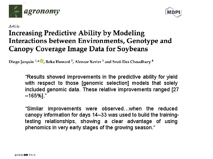 “Results showed improvements in the predictive ability for yield with respect to those [genomic