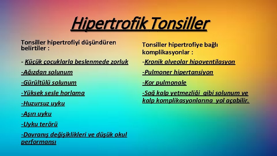 Hipertrofik Tonsiller hipertrofiyi düşündüren belirtiler : - Küçük çocuklarla beslenmede zorluk -Ağızdan solunum -Gürültülü