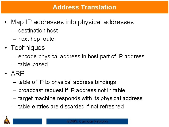 Address Translation • Map IP addresses into physical addresses – destination host – next