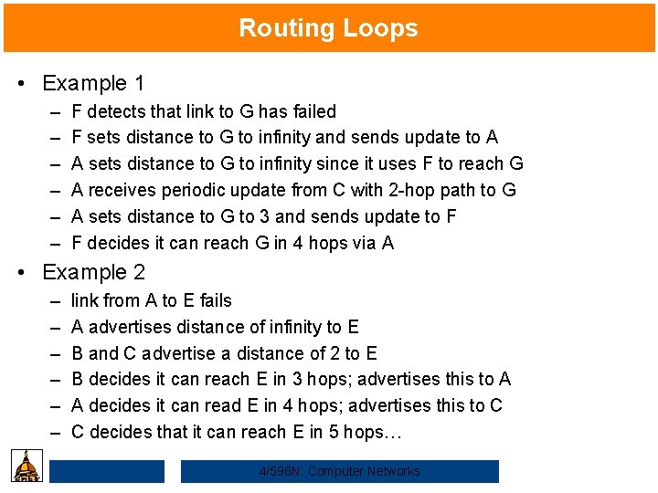 Routing Loops • Example 1 – – – F detects that link to G