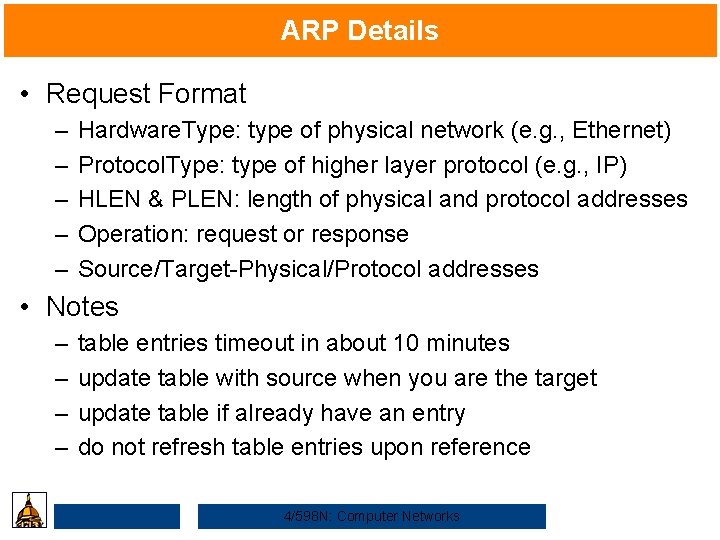 ARP Details • Request Format – – – Hardware. Type: type of physical network