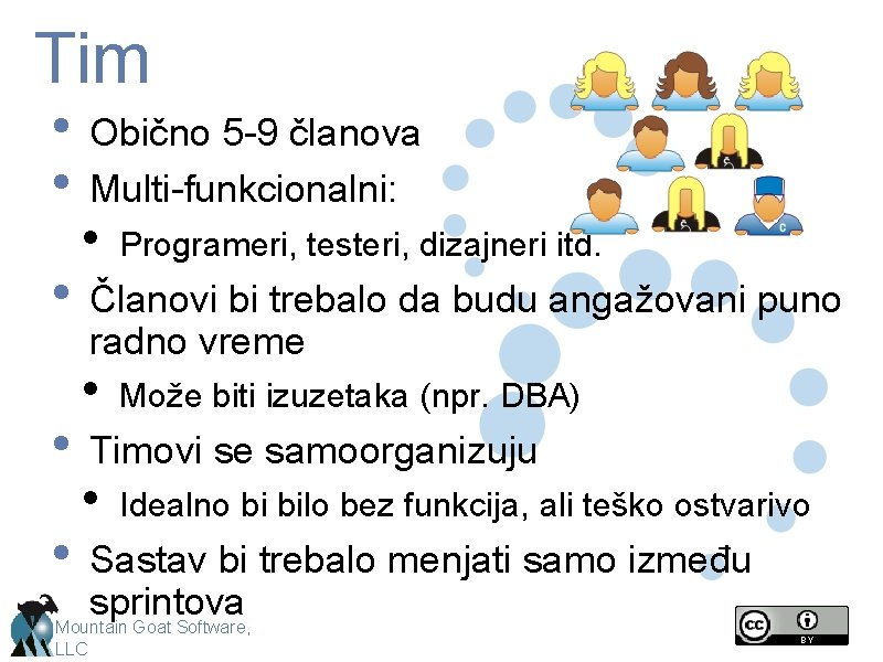 Tim • • • Obično 5 -9 članova Multi-funkcionalni: • Programeri, testeri, dizajneri itd.