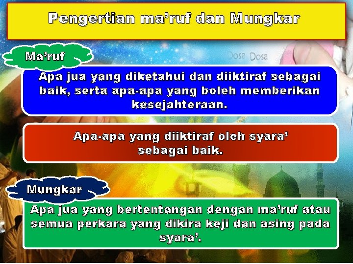 Pengertian ma’ruf dan Mungkar Ma’ruf Apa jua yang diketahui dan diiktiraf sebagai baik, serta