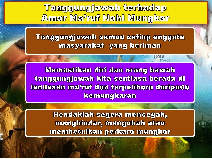 Tanggungjawab terhadap Amar Ma’ruf Nahi Mungkar Tanggungjawab semua setiap anggota masyarakat yang beriman Memastikan