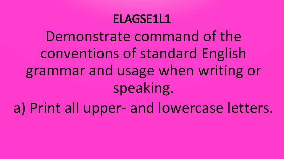 ELAGSE 1 L 1 Demonstrate command of the conventions of standard English grammar and