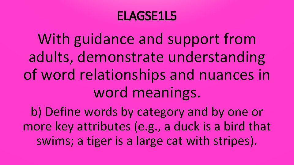ELAGSE 1 L 5 With guidance and support from adults, demonstrate understanding of word