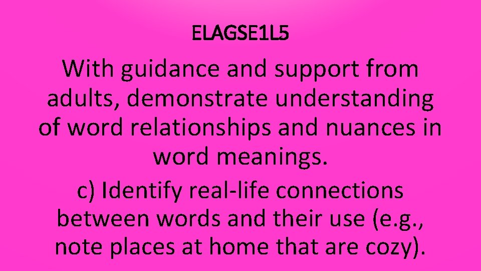 ELAGSE 1 L 5 With guidance and support from adults, demonstrate understanding of word