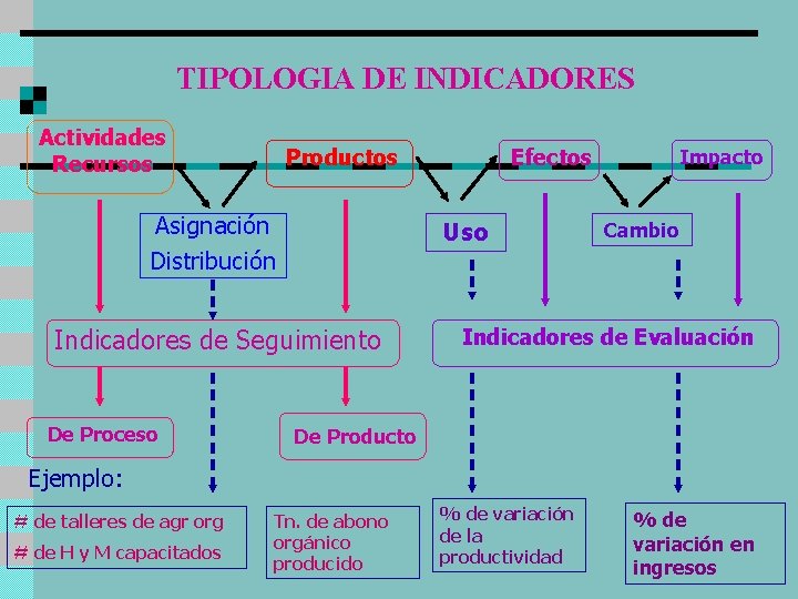 TIPOLOGIA DE INDICADORES Actividades Recursos Productos Asignación Distribución Uso Indicadores de Seguimiento De Proceso