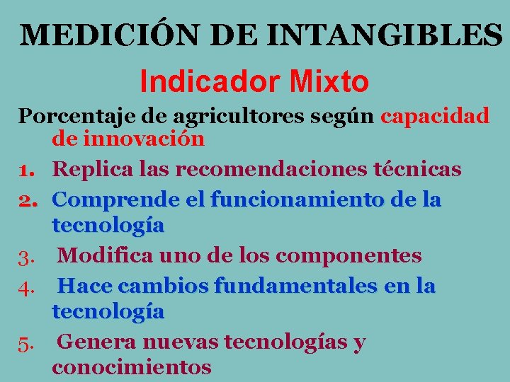 MEDICIÓN DE INTANGIBLES Indicador Mixto Porcentaje de agricultores según capacidad de innovación 1. Replica