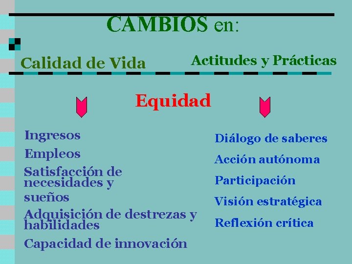 CAMBIOS en: Calidad de Vida Actitudes y Prácticas Equidad Ingresos Empleos Satisfacción de necesidades