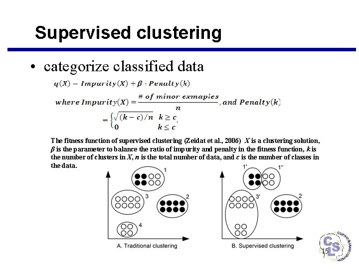 Supervised clustering • categorize classified data The fitness function of supervised clustering (Zeidat et