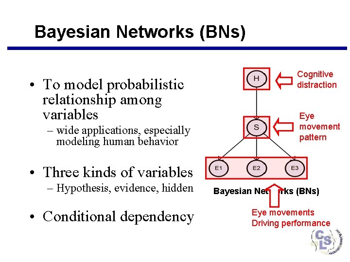 Bayesian Networks (BNs) • To model probabilistic relationship among variables – wide applications, especially