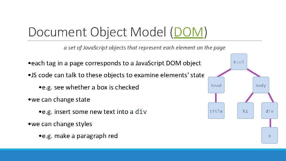 Document Object Model (DOM) a set of Java. Script objects that represent each element