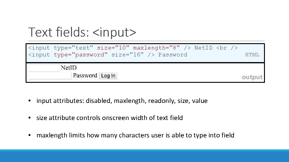 Text fields: <input> <input type="text" size="10" maxlength="8" /> Net. ID <input type="password" size="16" />