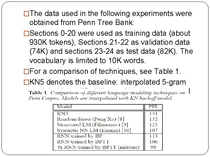 �The data used in the following experiments were obtained from Penn Tree Bank: �Sections