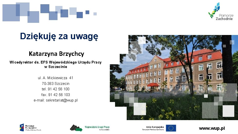 Dziękuję za uwagę Katarzyna Brzychcy Wicedyrektor ds. EFS Wojewódzkiego Urzędu Pracy w Szczecinie ul.