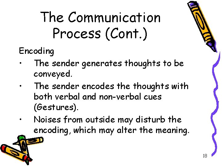 The Communication Process (Cont. ) Encoding • The sender generates thoughts to be conveyed.