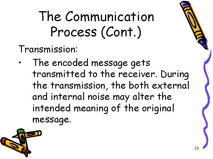 The Communication Process (Cont. ) Transmission: • The encoded message gets transmitted to the