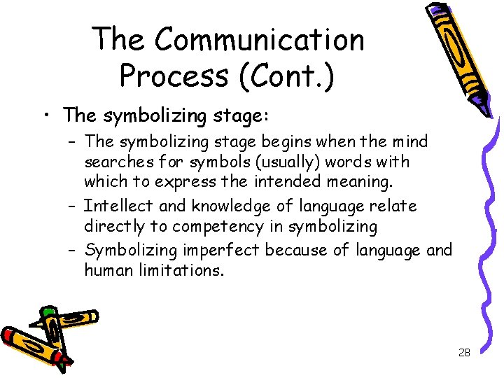 The Communication Process (Cont. ) • The symbolizing stage: – The symbolizing stage begins