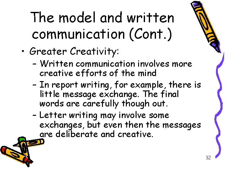 The model and written communication (Cont. ) • Greater Creativity: – Written communication involves
