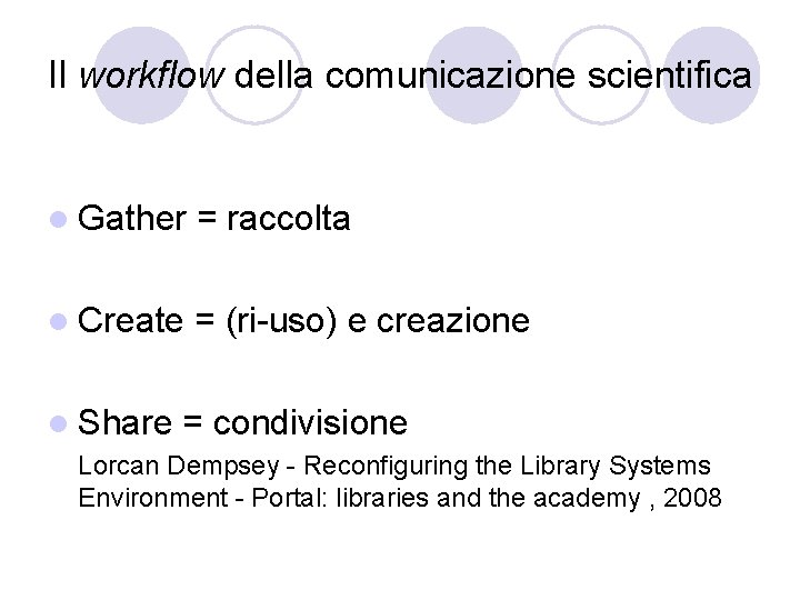 Il workflow della comunicazione scientifica l Gather = raccolta l Create = (ri-uso) e