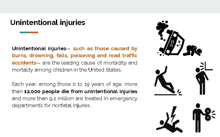 Unintentional injuries— such as those caused by burns, drowning, falls, poisoning and road traffic