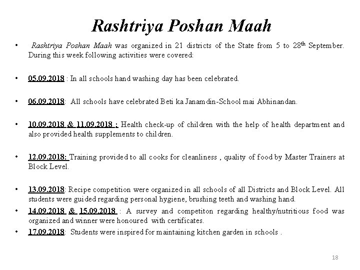 Rashtriya Poshan Maah • Rashtriya Poshan Maah was organized in 21 districts of the