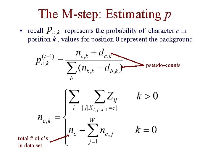 The M-step: Estimating p • recall represents the probability of character c in position