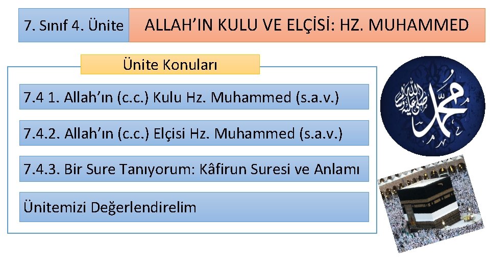 7. Sınıf 4. Ünite ALLAH’IN KULU VE ELÇİSİ: HZ. MUHAMMED Ünite Konuları 7. 4