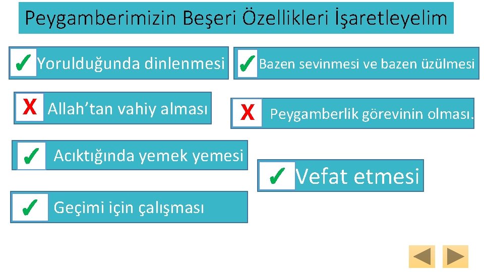 Peygamberimizin Beşeri Özellikleri İşaretleyelim ✓ Yorulduğunda dinlenmesi ✓ Bazen sevinmesi ve bazen üzülmesi X